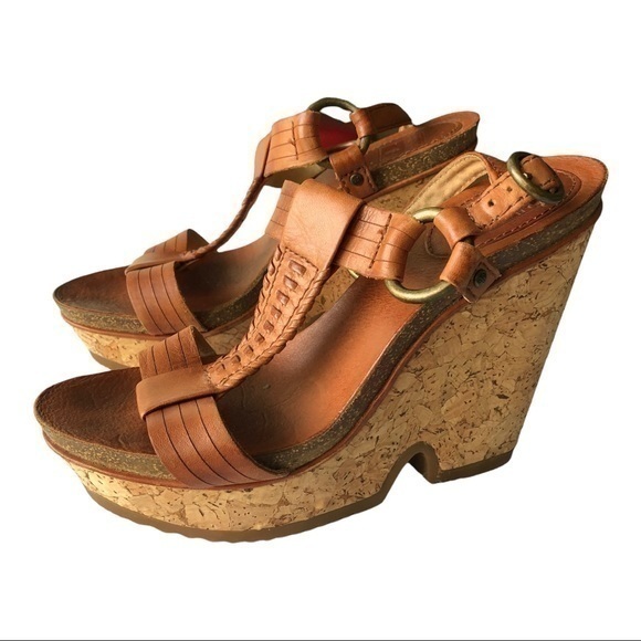 Frye Shoes - Frye Brown Leather Braylin Artisanal T Strap Cork Wedge Sandals Size 7M